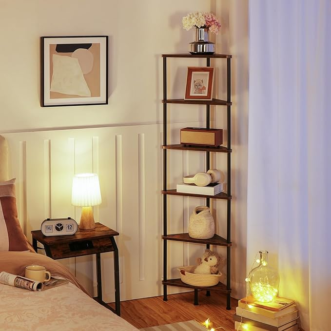 HOOBRO Corner Shelf Stand, Industrial 6-Tier Wall Corner Bookshelf with Metal Frame, Plant Display Shelf, Bookcase for Small Spaces, Bedroom, Living Room, Rustic Brown BF36CJ01