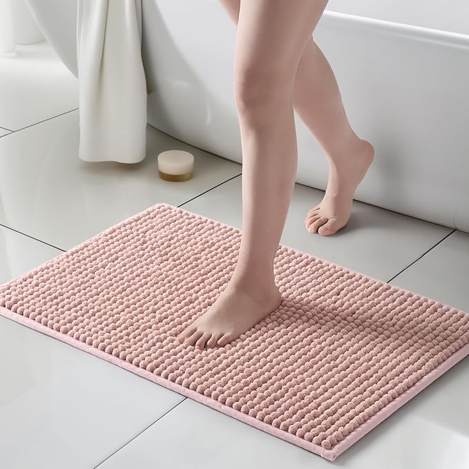FRESHMINT Thick Chunky Chenille Bathroom Rug, Dusty Pink, 20"x32" | Non-Slip Backing, Water Absorbent Surface, Machine Washable Care, Cushioned Comfort, Bathroom Floor Use