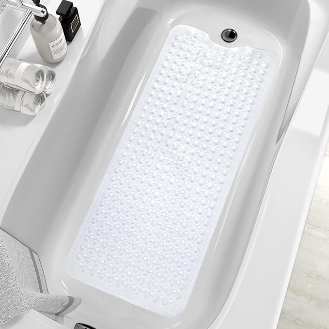 MOONFLY Shower and Bathtub Mat, 40x16 Inches, Clear | Extra Long Non Slip Mats with Suction Cups,Drain Holes, Machine Washable ,Anti Slip Bathmats, Bathroom Mats for Tub Nonslip
