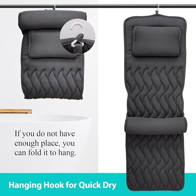 AEROiVi Full Body Bath Pillow Adjustable Lumbar Pillow 14 Suction Cups Gray | Relaxing Soft Bathtub Cushion with laundry bag 3D Air Mesh Fit Any Tub Bathroom Accessories Washable Quick-Dry