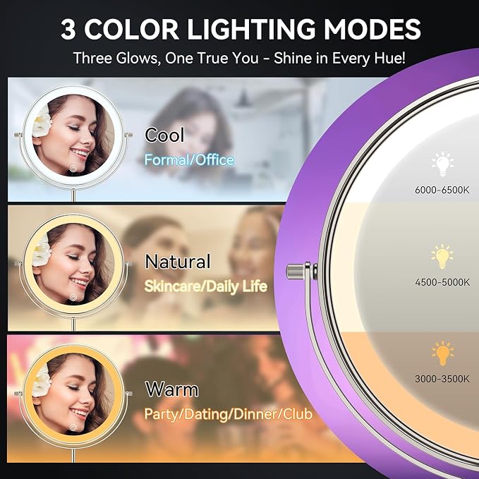 Auxmir 9" 1X/30X Lighted Makeup Mirror, Rechargeable Maginfying Mirror | 3 dimmable colors, 14.9-18.5 in adjustable height, 3000mAh, 360°rotation, stable storage base, 30X magnification, Nickel