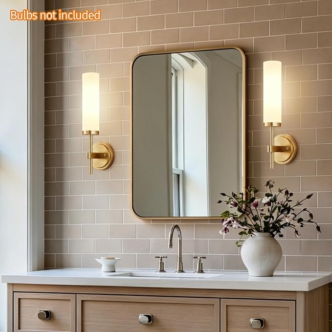 [Hardwired] Wall Sconces Set of Two, Brushed Gold Bathroom Sconces with Milky White Glass, Modern Wall Light Fixtures for Bathroom Mirror Vanity, Living Room, Hallway, Stairway, Cabinet, Foyer