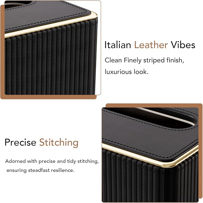 GORESE Square Tissue Box Cover with Gold-Tone Edging, PU Leather Tissue Box Holder for Kleenexs, Decorative Tissue Cover for Bathroom Living Room Car, Modern Cube Kleenexs Holder, Black