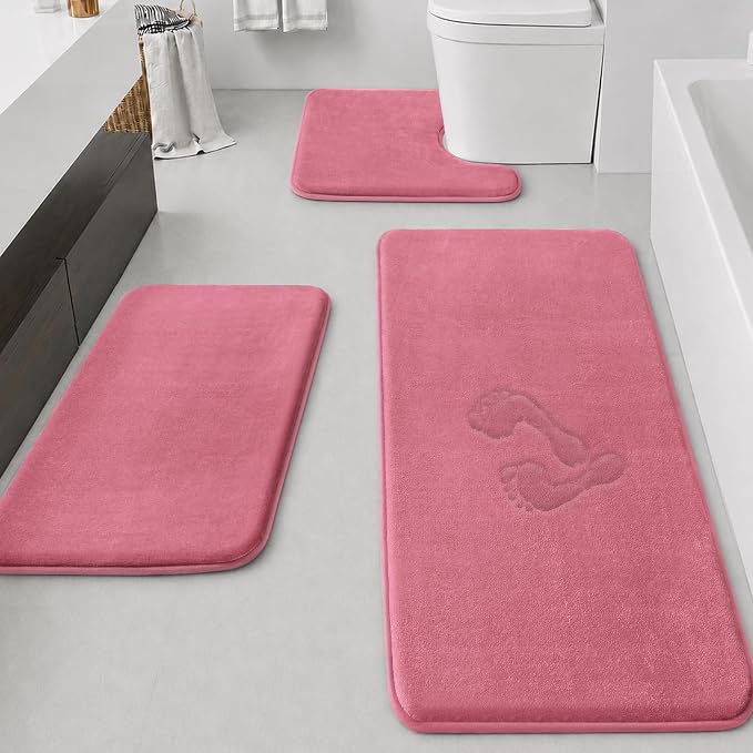 Bathroom Rugs Sets 3 Piece, Non-Slip & Quick Dry Bath Mat Set, Ultra Soft Velvet Bath Rugs for Bathroom, Toilet and Shower Floor, Pink
