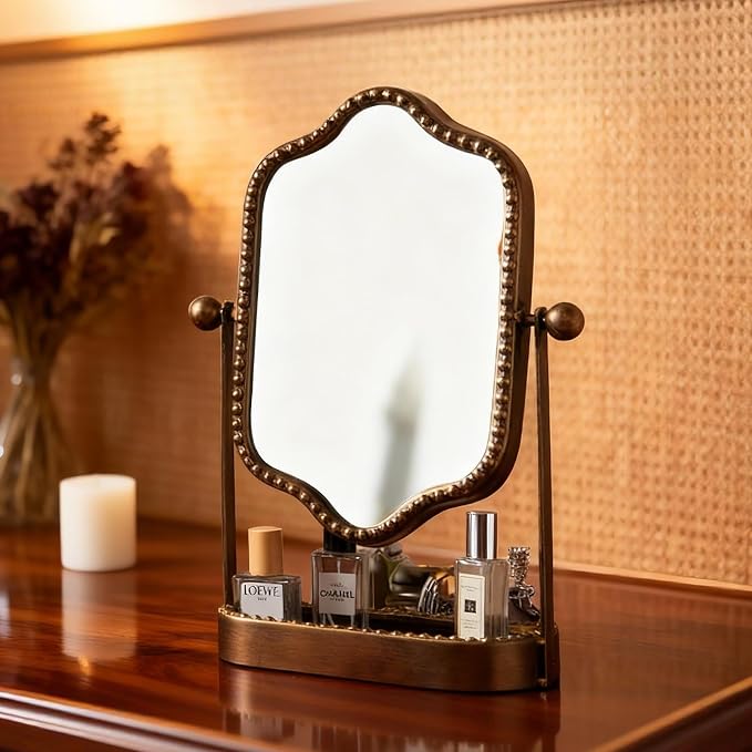 Vintage Makeup Mirror with Tray, 360° Rotatable Antique Table Vanity Mirror with Stand, Metal Retro Desktop Dressing Mirror for Home Decor, Countertop, Bedroom, Bathroom, Living Room