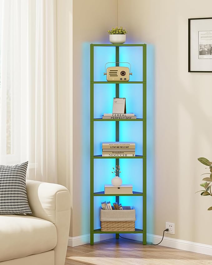 TUTOTAK Corner Shelf with LED Light, 6-Tier Corner Bookshelf | for Small Space, Narrow Display Corner Shelf Stand with Storage Rack, for Living Room, Bedroom, Olive Green BS05BOG006L