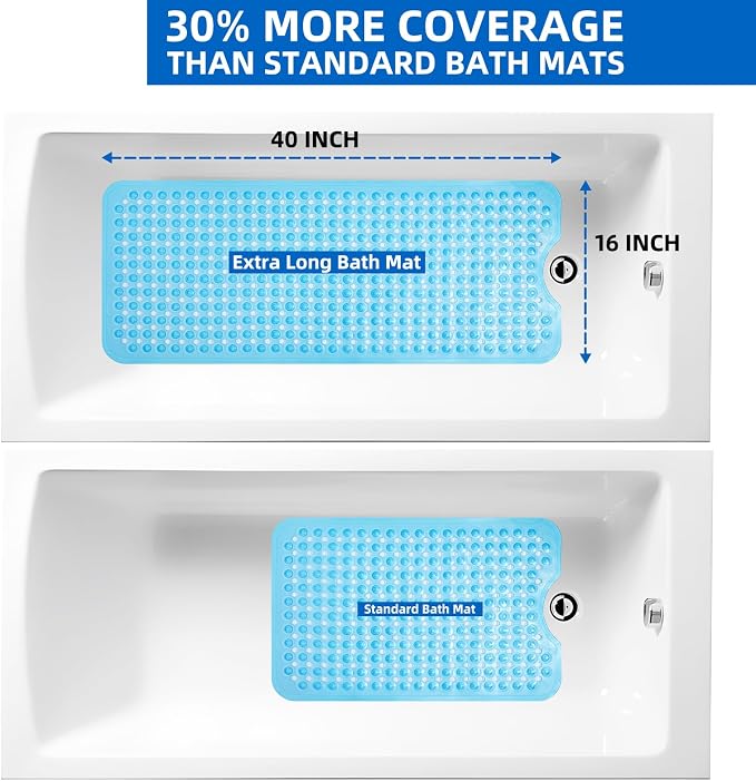 MOONFLY Shower and Bathtub Mat, 40x16 Inches, Clear Blue | Extra Long Non Slip Mats with Suction Cups,Drain Holes, Machine Washable ,Anti Slip Bathmats, Bathroom Mats for Tub Nonslip