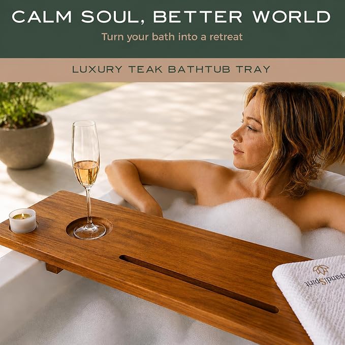 Grand Fjord 35" Luxury Teak Bathtub Tray for Large Tubs | Bath tub tray wood for freestanding tubs, bathtub trays for tub, bath tray for tub, bath table tray, soaking, home spa