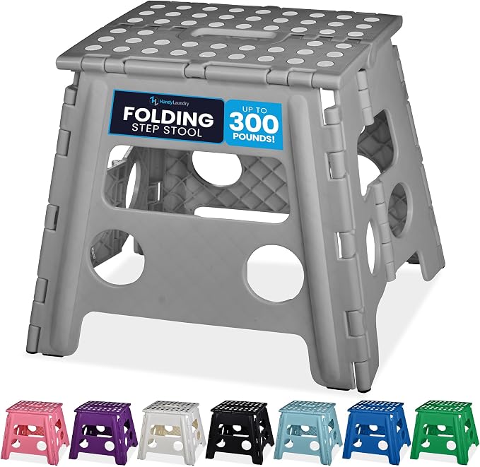 Handy Laundry Folding Step Stool 13 Inch, Grey, Non-Slip Holds 300 lbs | 13 Inch, Grey, Foldable Collapsible Step Stool, Non-Slip, Holds 300 lbs, Kitchen Bathroom Bedroom, Adults