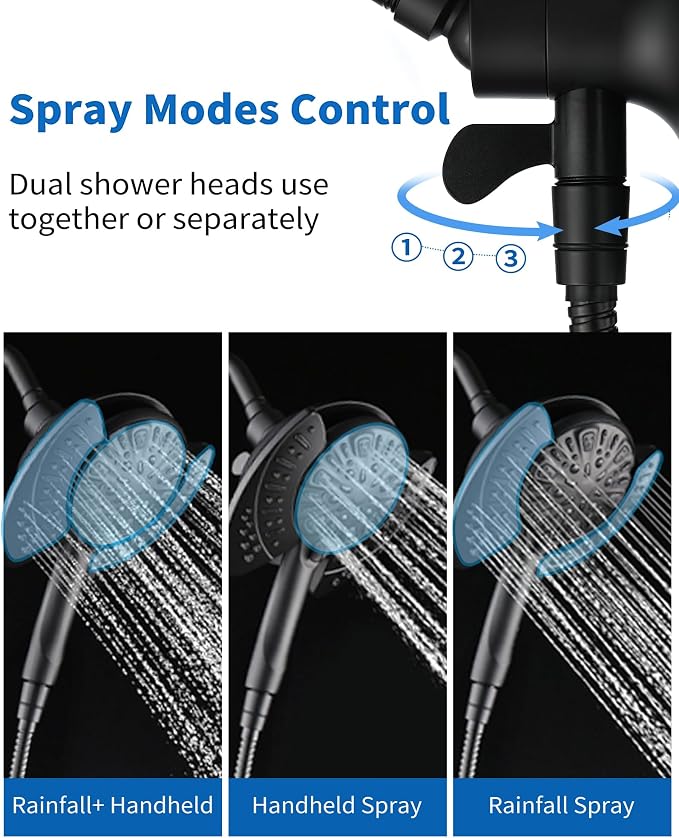 2 in 1 Shower Head with Handheld Combo High Pressure Black 2.5 GPM | 7.2" Rain Showerhead and 9 Spray Hand Held Shower, Adjustable Shower Angle, 59-inch Rotatable Stainless Steel Hose