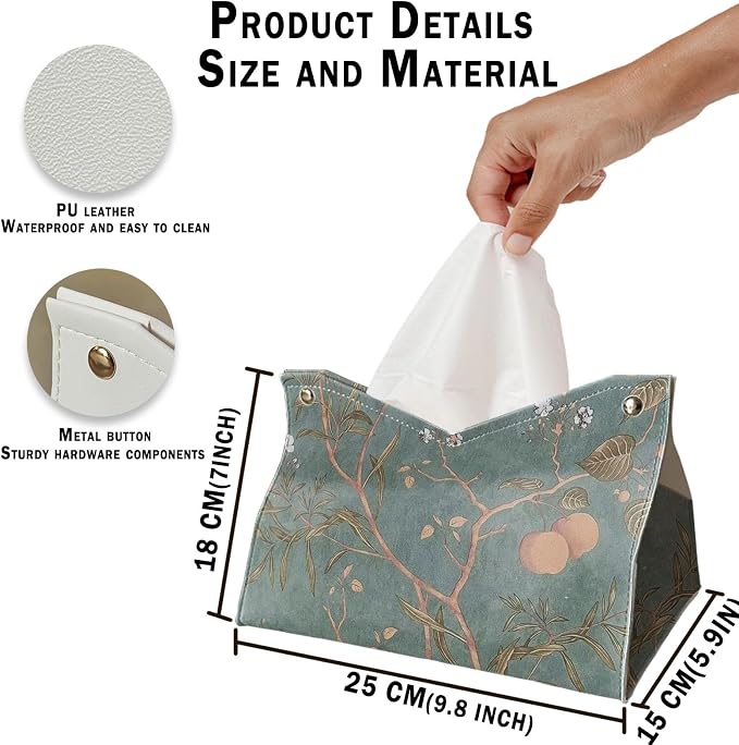 Green Floral Rrectangle Tissue Box Cover 9.8x5.9x7In | Vintage Decorative PU Leather Tissue Box Holder for Bedroom Bathroom,Boho Floral Waterproof Tissue Box Cover for Women