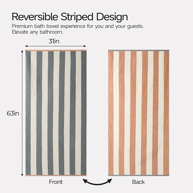REDKISS 2 Pack Extra Large Striped Bath Towels, 31 x 63 Inches, 100% Cotton, Larger & Quicker to Dry, Super Soft and Highly Absorbent Towel, Perfect for Bathroom, Grey