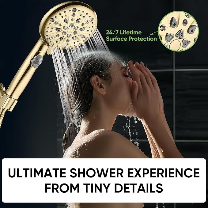 Cobbe 9 Spray Modes Handheld Shower Head, Water-Saving, Gold | Power Rinse, 1-Click Pause & Flow Control, 6ft Stainless Steel Hose, Adjustable Brass Bracket