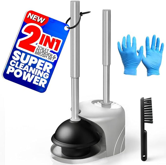 4in1 Toilet Plunger and Brush Set - Home Bathroom Cleaning Tools | 21", Groove Gap Brush, Cleaning Gloves, Heavy Duty Toilet Bowl Cleaner, Apartment Must Haves Bathroom Decor, Dark Grey