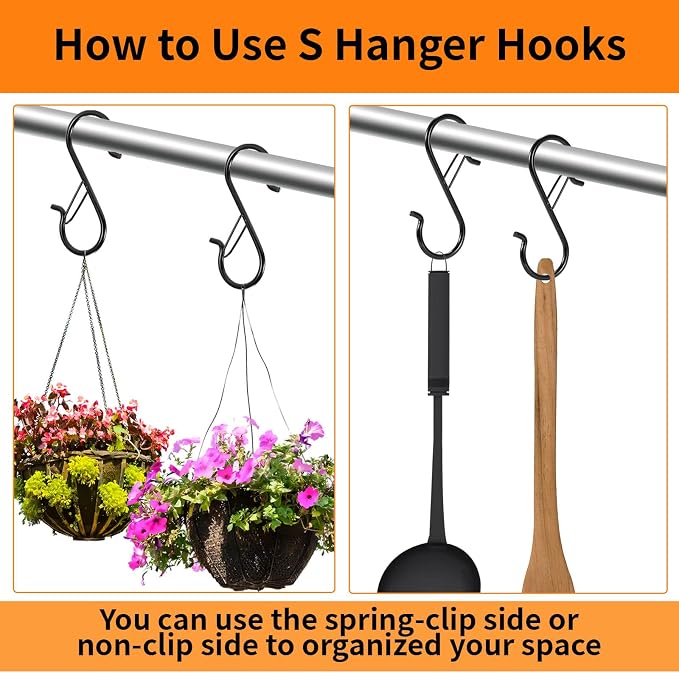 12 Pack 5 Inch S Hooks for Hanging, Heavy Duty S Hooks with Safety Buckle | Metal S Shaped Hanger Hooks for Hanging Kitchen Utensil, Cups Pots Pan Closet Plants Purse Bags Hats(Black)