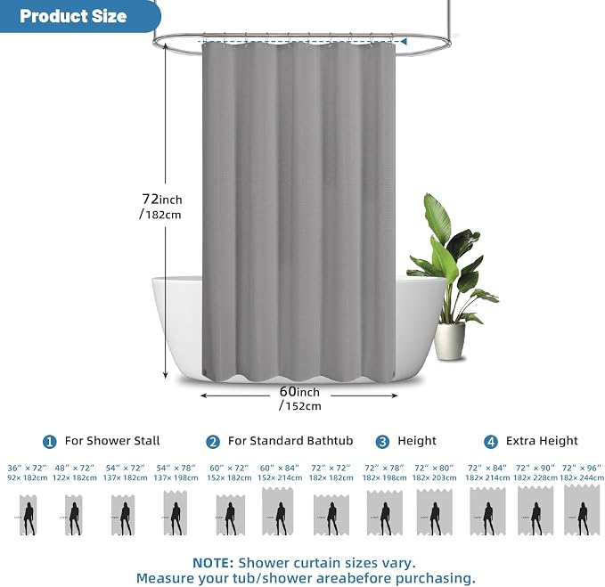2-in-1 Waterproof Fabric Shower Curtain - No Separate Liner Needed, Hotel-Style Waffle Weave, Effortless Cleaning & Washable Bathroom Shower Curtain Set,60Wx72H,Grey