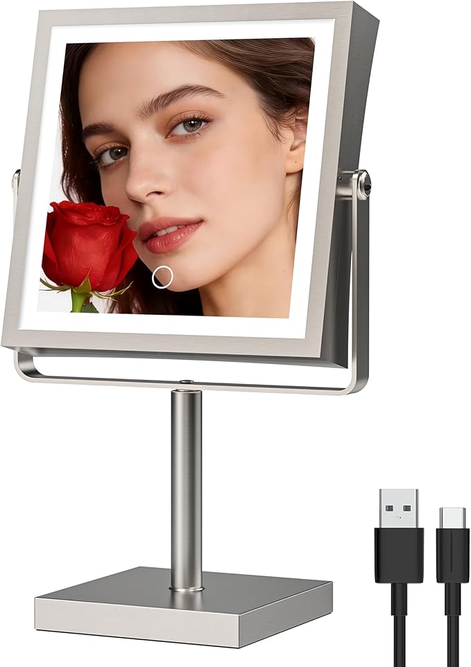 Ruacq Makeup Mirror with Lights 1X/10X Height Adjustable Brushed Nickel | 8",4000mAh Rechargeable,Dual Sided Magnifying Vanity Mirror,3 Color Lights,Adjustable Brightness,Square,Gift for Women