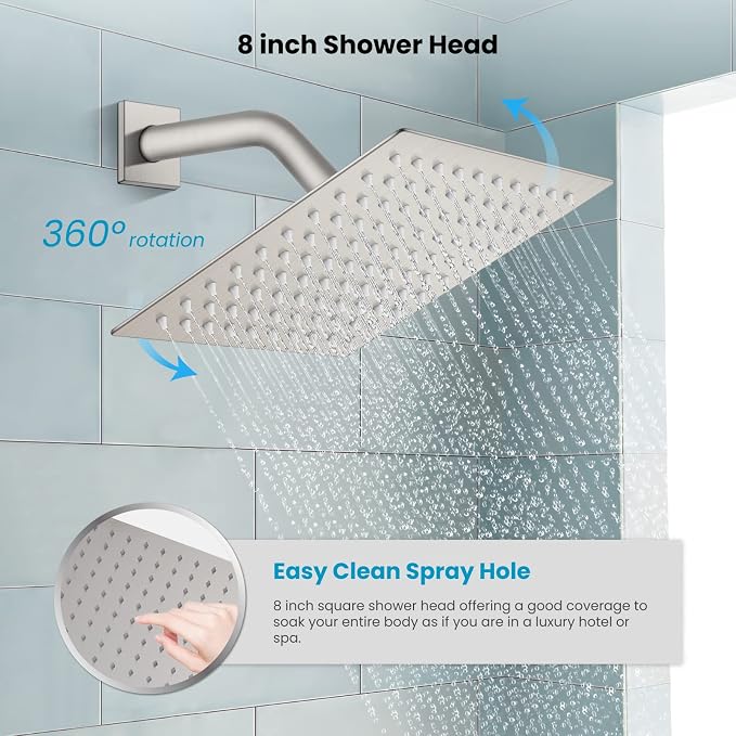 gotonovo Shower Faucet Set with Handheld Spray Brushed Nickel,8'' Head | SUS304 Rainfall Shower Head and Handle Set System Fixture,Pressure Balance Valve Trim Kit,Single Handle,Wall Mount,All Metal