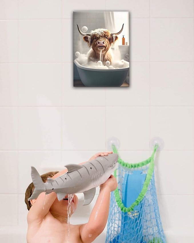 UPWOIGH Highland Cow Bathroom Wall Art, 12 x 16 Inch Wrapped Canvas | Playful Bathtub Scene with Bubbles, Warm Farm Animal Decor for Guest Bath, Powder Room, Restroom or Small Wall Space