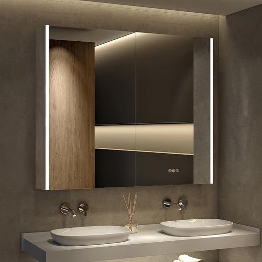 36 x 32 Inch Medicine Cabinet with Mirror and LED Light for Bathroom | Recessed, Wall-Mounted, Dimmable, Anti-Fog, Memory Function, 3 Color Mode, Outlet&USB, Adjustable Shelf, ETL Listed, Aluminum