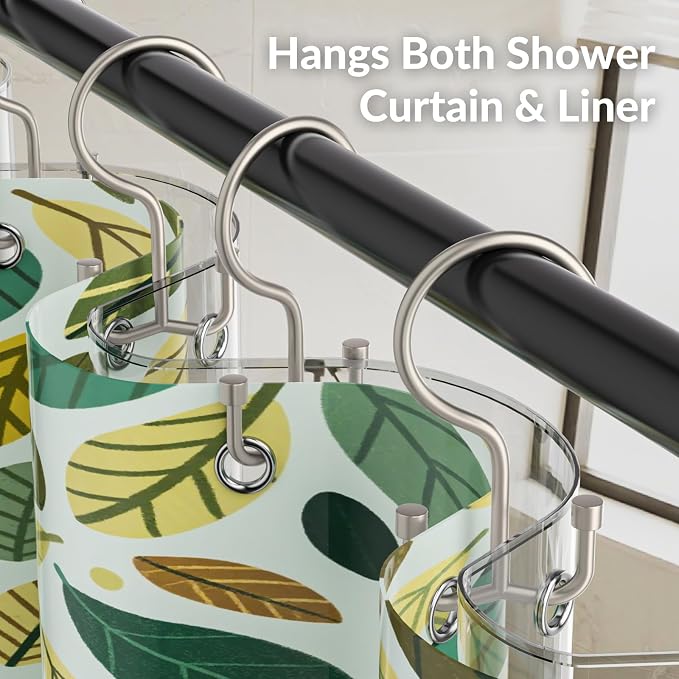 OEH Shower Curtain Hooks, 12 Pcs Shower Curtain Rings, Durable Shower Curtain Hooks Rust Proof, Shower Rings for Curtain, Free Sliding Anti-Drop Double Shower Hooks for Shower Curtain, Matte Nickel