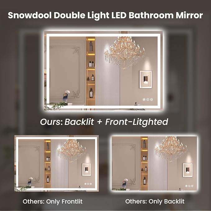 Snowdool 40 x 36 in LED Bathroom Mirror, Front and Backlit, Anti-Fog | Front and Backlit, 3 Color Temperatures, Anti-Fog, Tempered Glass