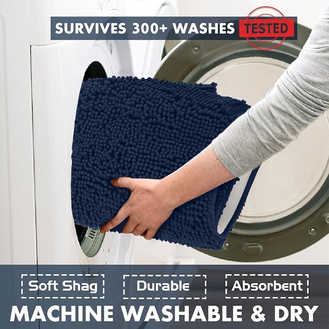 LuxUrux U-Shaped Toilet Bath Mat – Super Absorbent & Non-Slip Contoured Rug for Around Toilet, Soft Chenille, Machine Washable (20” x 23”, Navy)