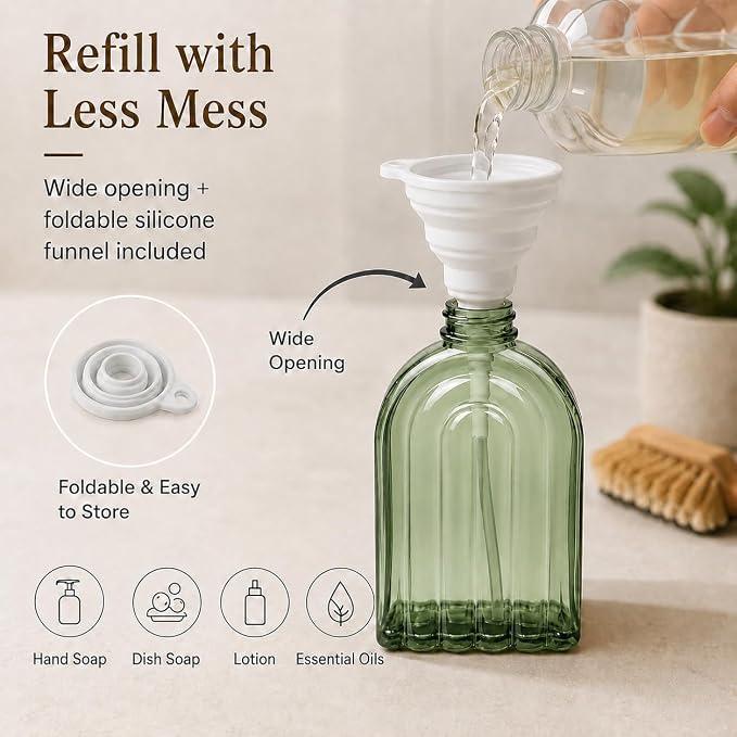 2 Pack Arch Glass Soap Dispenser with Acacia Wood Tray, 11oz Green Rainbow Decorative Hand Soap Dispenser with Rustproof Pump, Refillable Liquid Dispenser for Bathroom, Kitchen, Countertop