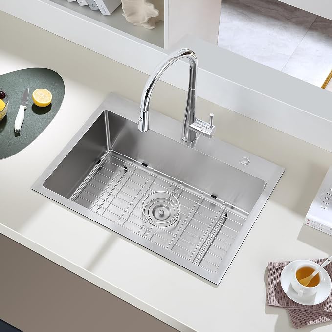 Stainless Kitchen Sink Protector - 30" x 17" with Rear Drain | S304 Sink Grids for Bottom of Kitchen Sink, Rear Drain for Single Bowl Kitchen Sink with Corner Radius