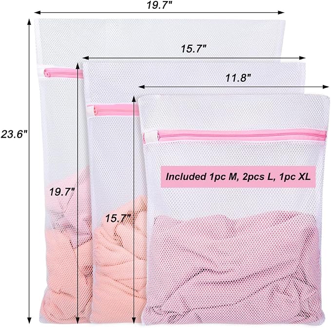 Vivifying Mesh Laundry Bags, 4pcs Durable Coarse Mesh Wash Bags with Zipper for Washing Machine, Delicates, Lingerie, Socks, Shoes and Stuffed Animals