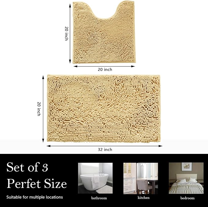Bathroom Rugs Chenille Bath mat 2 Piece Set, Super Absorbent, Strong PVC Non Slip Backing, Bath mats for Bathroom, Plush Shaggy, Thick, Machine Washable, Bathtub, Shower, Toilet.(Beige)