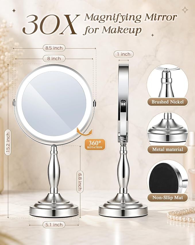30X/1X Magnifying Mirror with Lights, Rechargeable Lighted Makeup Mirror | Chome, 5000mAh Battery, 3 Color Dimmable Lights, 8in, Side Touch Control, Side Charging, 360° Rotation, Extendable Arm