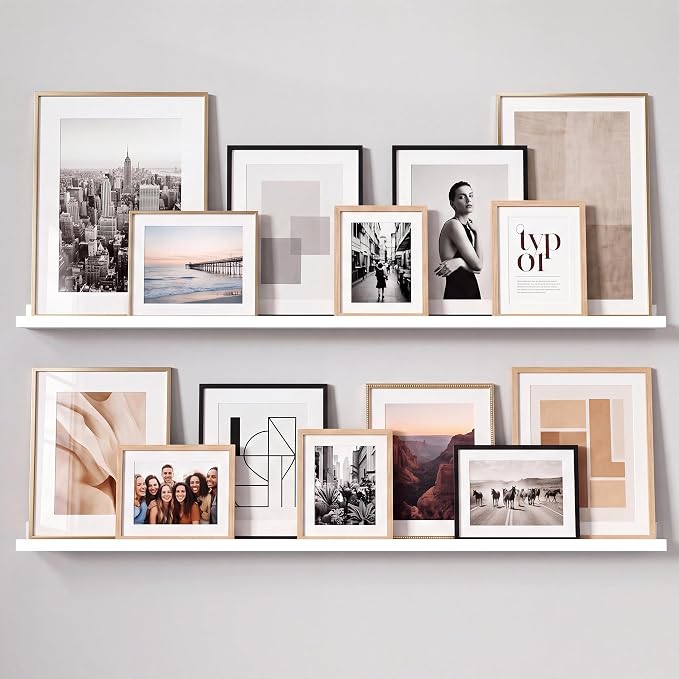 White Picture Ledge Shelves for Wall, 4.5" Deep Wood Floating Shelves with Lip for Bedroom, Living Room, 48" Width, Color White Set of 2