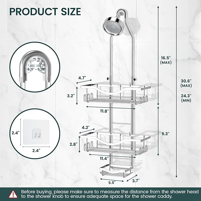 REINHARDT Adjustable Shower Caddy Hanging Over Shower Head, Silver | Rustproof Shower Organizer, Extra Long, No Drilling, Anti-Slip, Fast Draining, Soap Holder, 12 Hooks, Bathroom Accessories