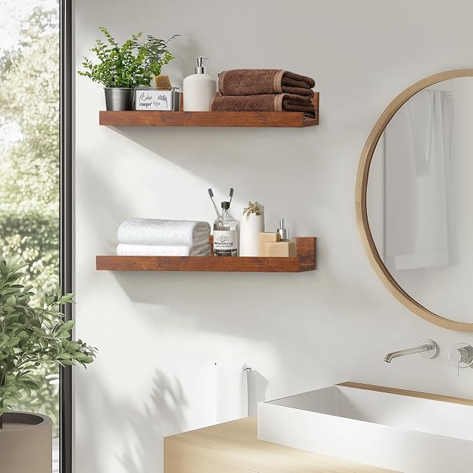 Muzilife 12" Small Floating Shelves Wood Wall Shelf with Lip, 2Pcs, Honey | FSC-Certified Wood | 20 lbs Capacity | Space-Saving | Hanging Shelf | Wall Decor| Bedroom,Living Room,Bathroom,Kitchen,Office
