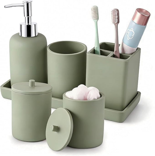 Resin 6 Pcs Green Bathroom Set Complete with Toothbrush Holder, Lotion Soap Dispenser, 2 Qtip Holder Dispensers,Vanity Tray,Bathroom Tumbler - Countertop Vanity Organizer - Bathroom Accessories