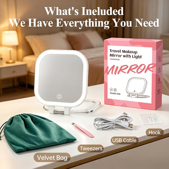 FUNTOUCH Rechargeable 7" Travel Makeup Mirror 30X Magnification,White | Double Sided Magnifying Mirror with Tweezers/Hook/Bag, 3 Color Lights & Adjustable Brightness, 300°Rotation , Gift for Women