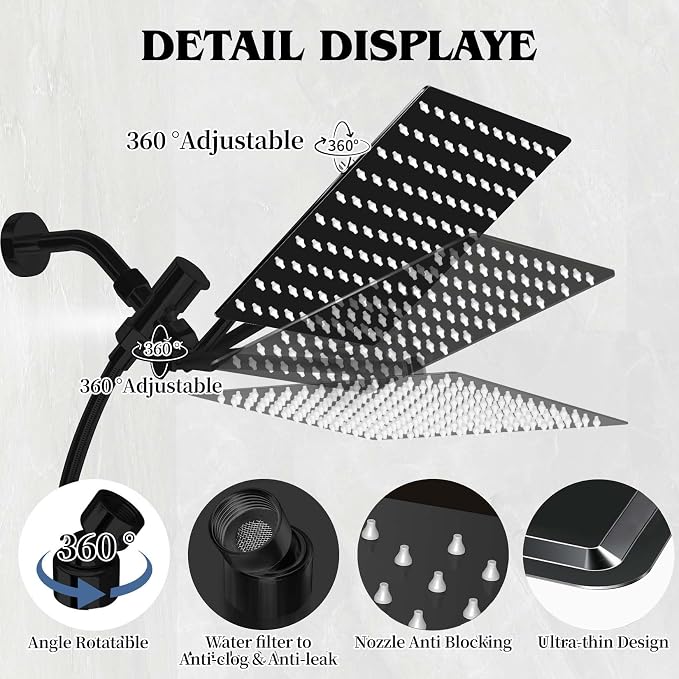 12 Inch Shower Head, Rain Shower Head with Adustable Extension Arm, Detachable Matte Black Rina Shower Head with Handheld Spray, High Pressure Shower Hose with Holder in Bathroom(Black)