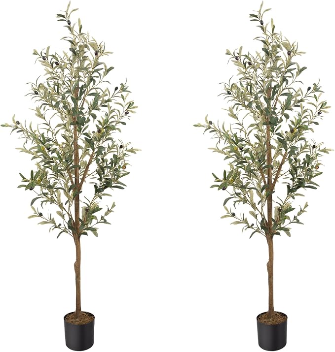 Artificial Fake Olive Tree 5FT 2Pack Faux Olive Tree for Home Decor | Faux Artificial Plants Indoor Fake Potted Plants with Natural Olive Branches and Realistic Leaves for Living Room Decor