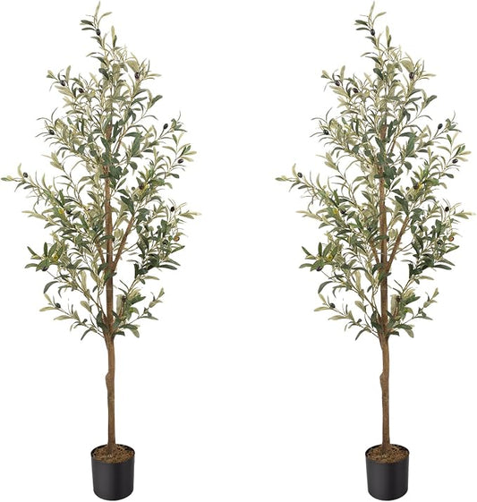 Artificial Fake Olive Tree 5FT 2Pack Faux Olive Tree for Home Decor | Faux Artificial Plants Indoor Fake Potted Plants with Natural Olive Branches and Realistic Leaves for Living Room Decor