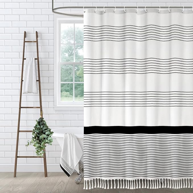Black Stripe Boho Cotton Striped Shower Curtain with Tassel 72"W X 72"L | Boho Farmhouse Shower Curtains for Bathroom with Soft Cotton Feel