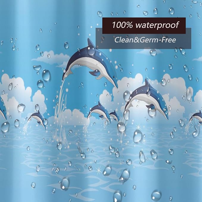 TIKABC Shower Curtain Liner, 4G PEVA Blue Dolphin Shower Liner, Plastic Waterproof Shower Curtains, 72x72 inch with Grommet Holes 3 Magnetic Weights