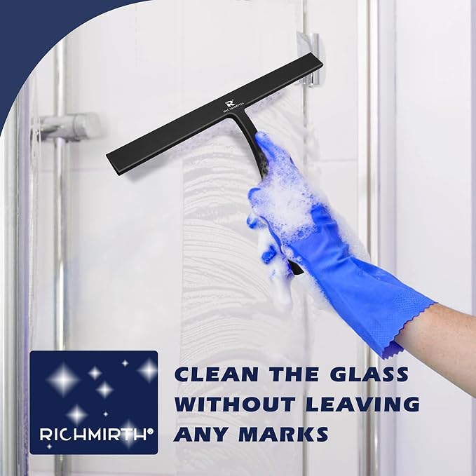 Squeegee for Shower Door 14 Inch Wide Blade, 11 Inch Short Handle One-Piece Silicone with Stainless Steel Core, Non-Slip Grip Window Squeegee for Bathroom Mirror Car Windshield, Aluminum Hook (Black)