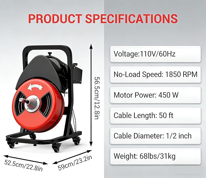 50FTx1/2 Inch Drain Cleaner Machine with Wheels, Sewer Snake Electric Drain | Plumbing Snake Auger Cleaner for 2" to 4" Pipes with 6 Cutter & Foot Switch for Sewer, Sink, Toilet, Bathroom