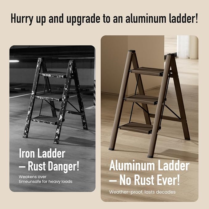 Mayi Plus 3 Step Stool Foldable, Aluminum, Lightweight Step Ladder | Extra-wide anti-slip folding steps with 330 lbs, for home,kitchen,office,outdoor,office,Walnut