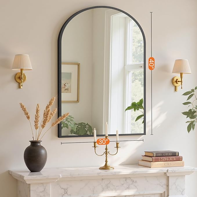 NEWBULIG 40"X30" Arched Bathroom Mirror for Over Sink, Wall Vanity Mirror | Tempered Glass, Anti-Rust Arched Metal Framed, Hanging or Leaning, Farmhouse Home Decor, Black