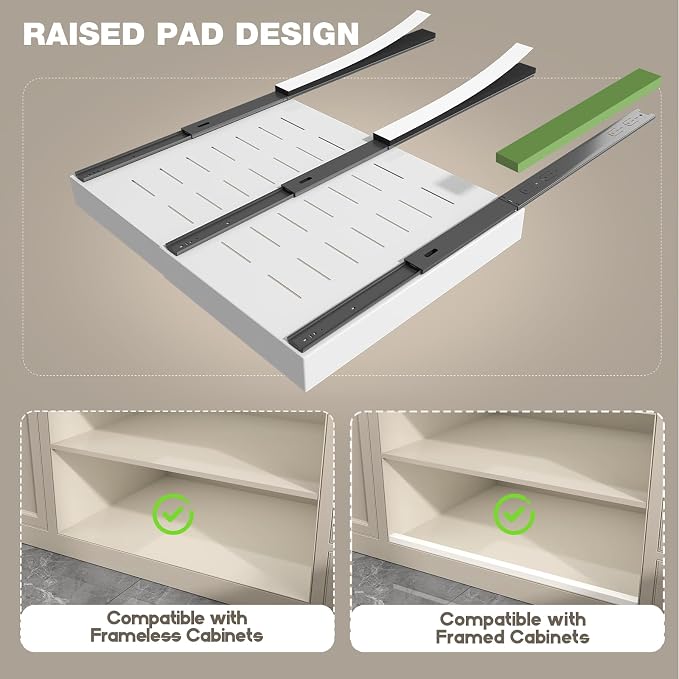 Seinloes 2 Pack Pull Out Cabinet Organizer 22" Deep,Full Extension 3 Slide Rails Slide Out Drawers With Raising Pad for Framed Cabinets,Expandable Width (15.4"-26.2"),No Drill Roll Out shelf,White