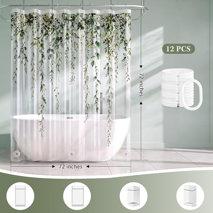 Clear Shower Curtain Liner, Botanical Plant Leaf PEVA, 72x72 Inch | Sage Green Waterproof Bath Plastic Shower Curtains Set with 3 Weighted Magnets and 12 Hooks for Bathroom Decor