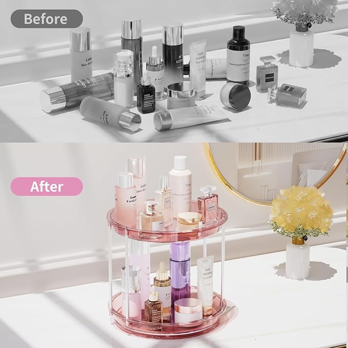 Rotating Makeup Organizer, Perfume Skincare Holder, 2 Tier 9 Inch, Pink | 360° Smooth Spinning Vanity Tray, Large Capacity, Space-Saving Cosmetics Storage for Bathroom Countertop, Dresser