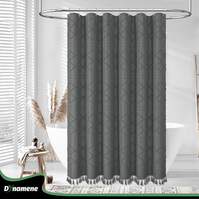 Long Boho Shower Curtain Tufted Geometric 72"x78" Charcoal Grey | 78 Inch Tall, Elegant Tassel, Lightweight Textured Fabric, Water Repellent, Washable, Hotel Spa, for Bathroom/Dorm 12 Hooks
